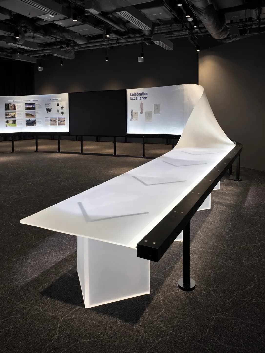 Thermoformed acrylic feature panel running the length of the AMN Gallery exhibit