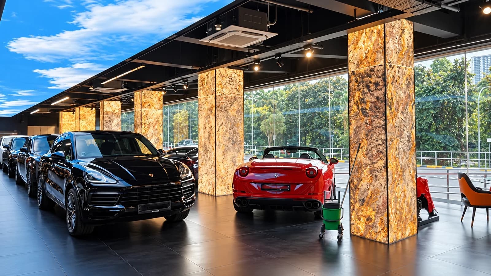 Backlit acrylic columns in the Depot car showroom